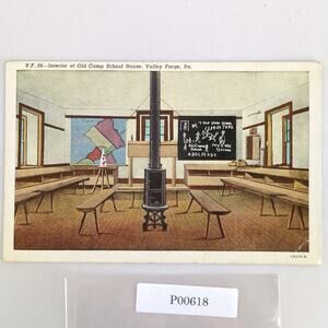 Old Camp School House Interior Valley Forge PA 1930s Linen Postcard